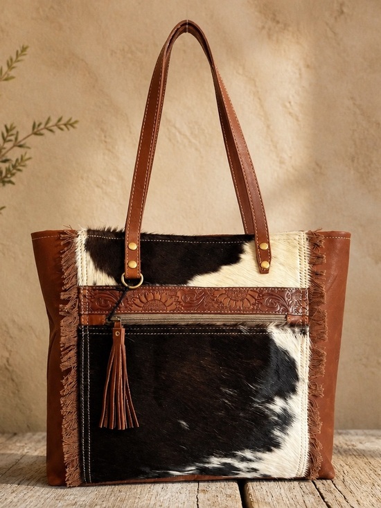 Myra Bag Handbags - Myra Cowhide Tooled Leather Tote Bag Western Boho Floral Fringe Shoulder Bag
